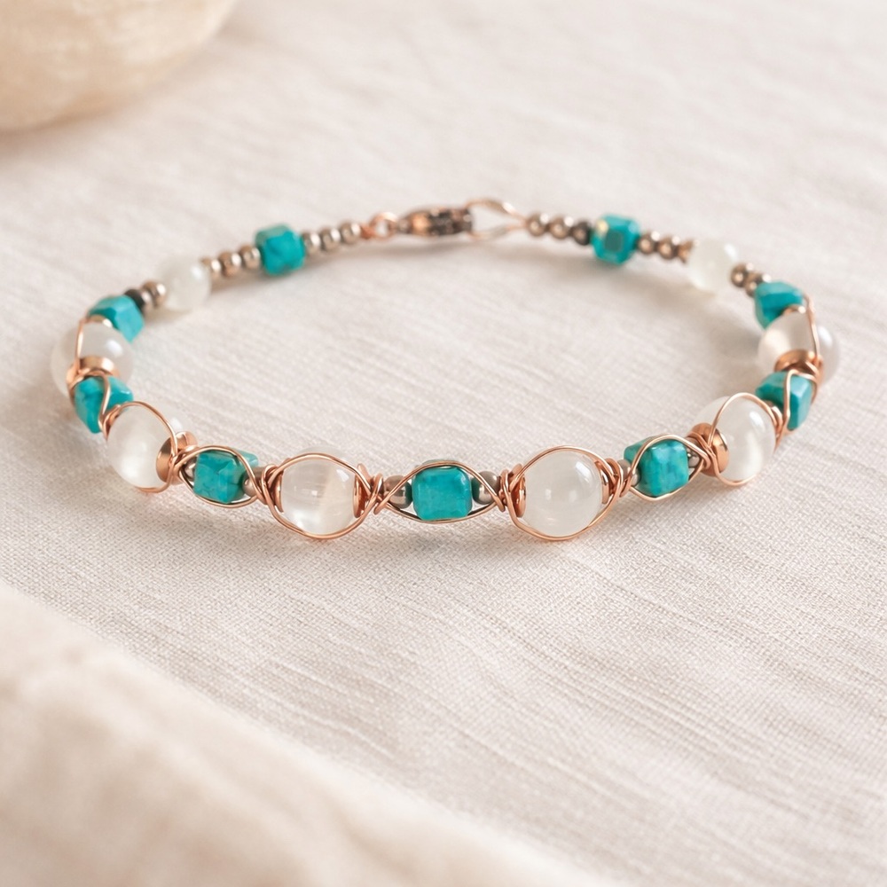 Turquoise & Selenite Wire-Wrapped Artisan Bracelet - in Copper & Stainless Steel